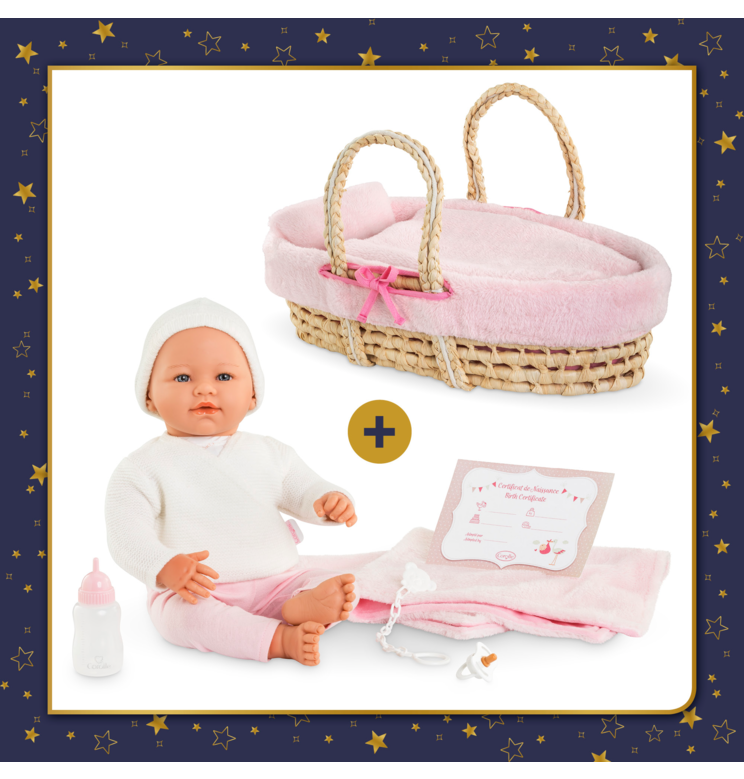 Poupon Rose et Couffin Tressé Peluche Rose