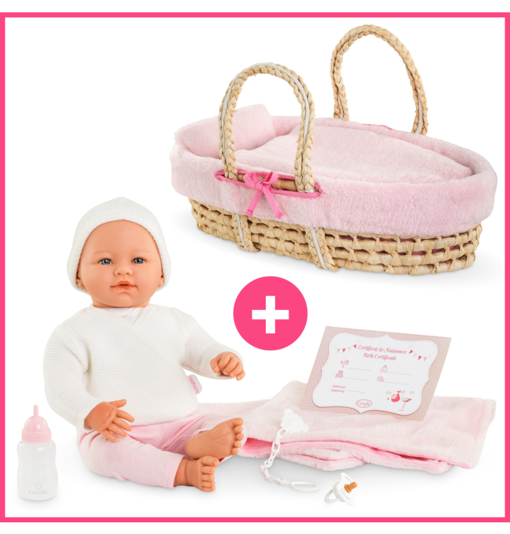 Poupon Rose et Couffin Tressé Peluche Rose