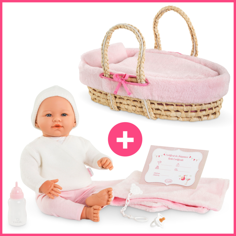 Rose et Couffin Tressé Peluche Rose