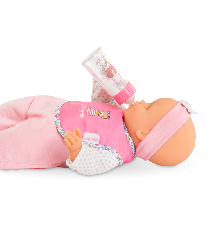 Bavoir Rose et Biberon Magique pour grand poupon 36/42 cm
