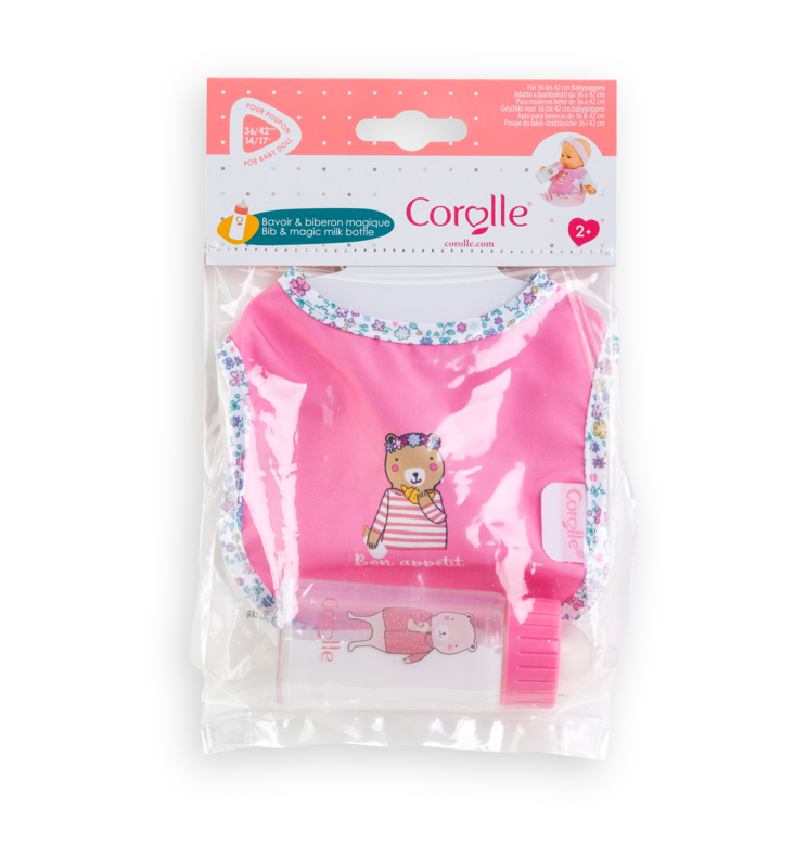 Bavoir Rose et Biberon Magique pour grand poupon 36/42 cm