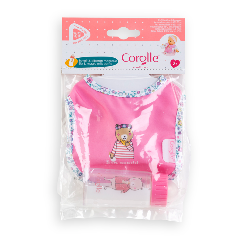 Bavoir Rose et Biberon Magique pour grand poupon 36/42 cm