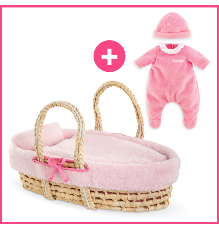 Couffin Tressé Peluche Rose et Pyjama pour poupon 36 cm