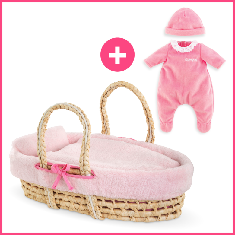 Couffin Tressé Peluche Rose et Pyjama pour poupon 36 cm