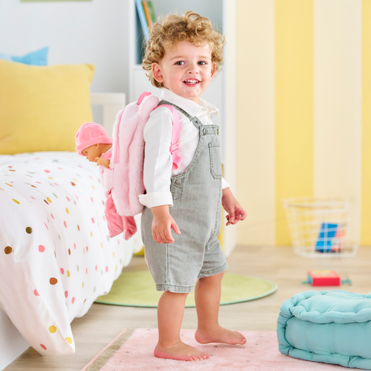 Sac à Dos Porte-Poupon Peluche Rose pour poupon 30 cm