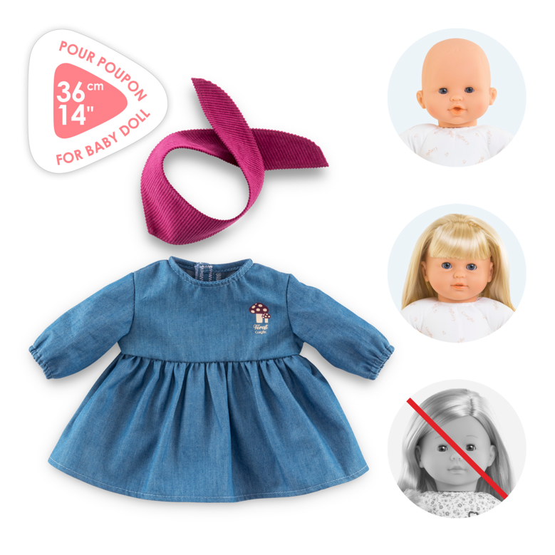 Robe en Jean Manches Longues & Foulard Petit Explorateur pour poupon 36 cm