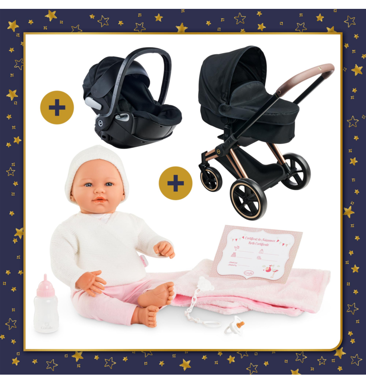 Poupon Rose, Landau Cybex Noir et Porte-Poupon Cybex Noir