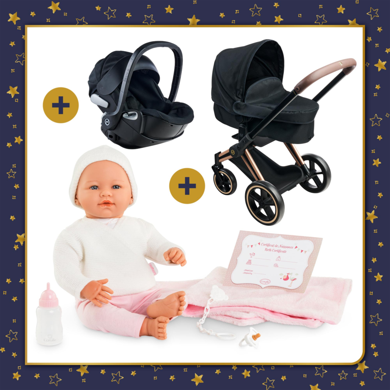 Poupon Rose, Landau Cybex Noir et Porte-Poupon Cybex Noir