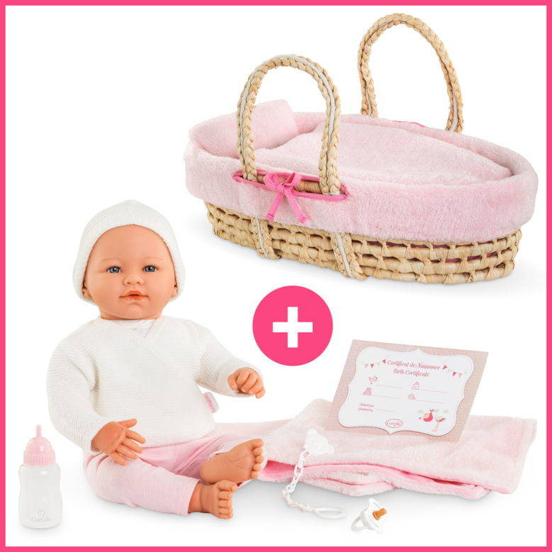 Poupon Rose et Couffin Tressé Peluche Rose