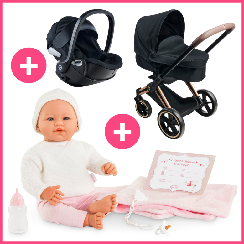 Poupon Rose, Landau Cybex Noir et Porte-Poupon Cybex Noir