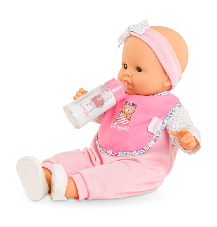Bavoir Rose et Biberon Magique pour grand poupon 36/42 cm