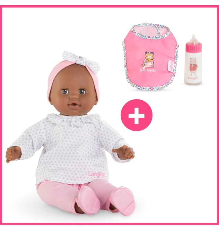 Poupon Lucie et Ensemble Bavoir & Biberon Magique