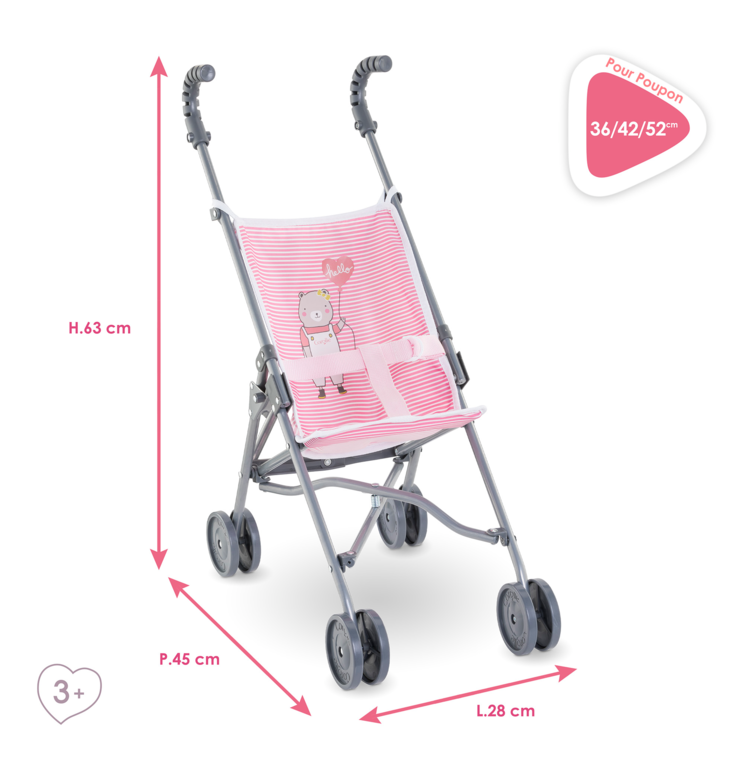 Poussette Canne Rose pour poupon 36/42/52 cm