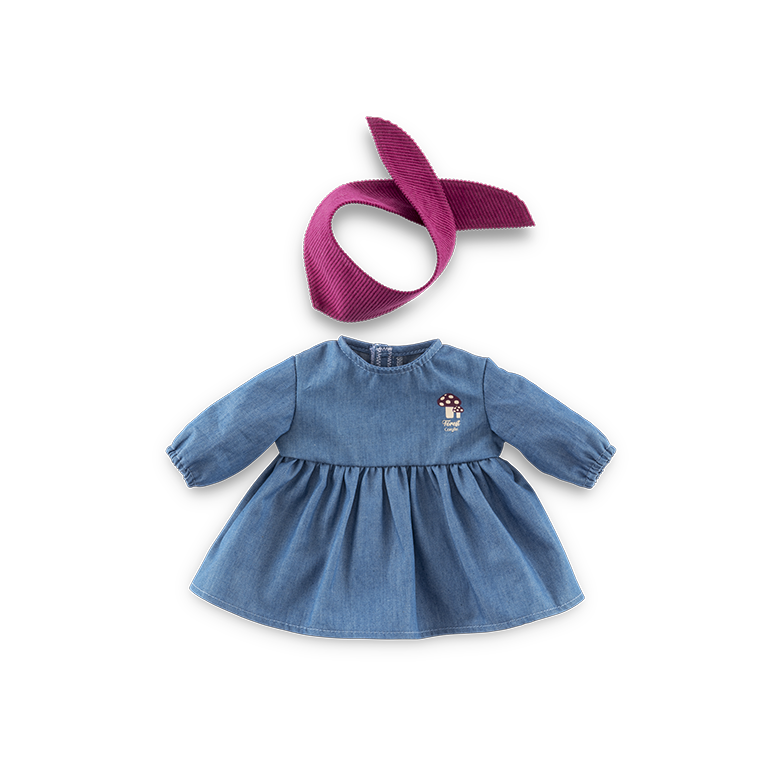 Robe en Jean Manches Longues & Foulard pour poupon 30 cm