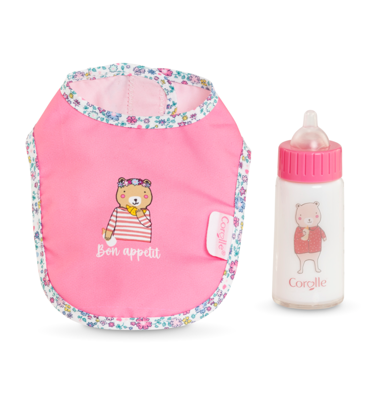 Bavoir Rose et Biberon Magique pour grand poupon 36/42 cm