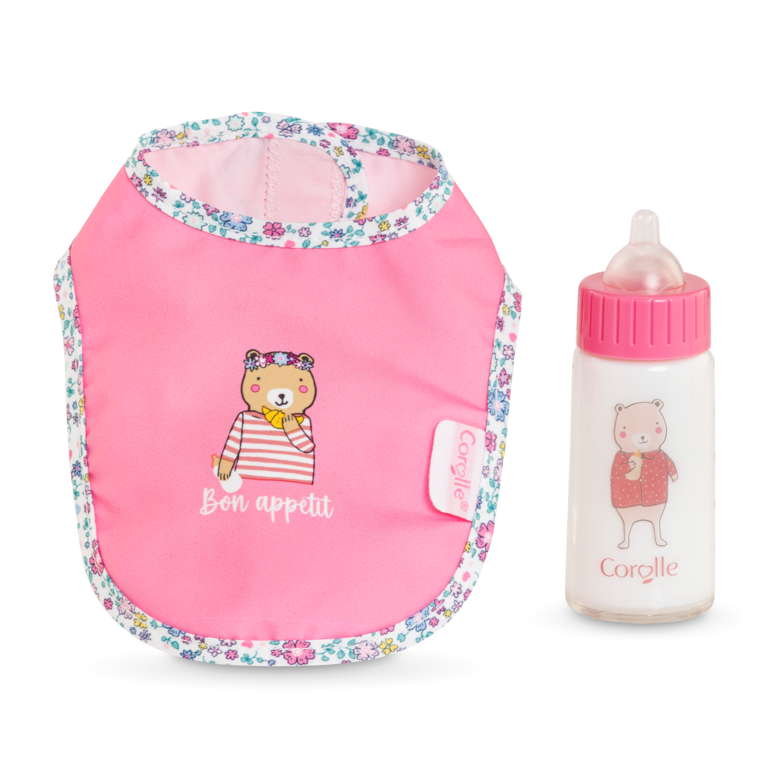 Bavoir Rose et Biberon Magique pour grand poupon 36/42 cm