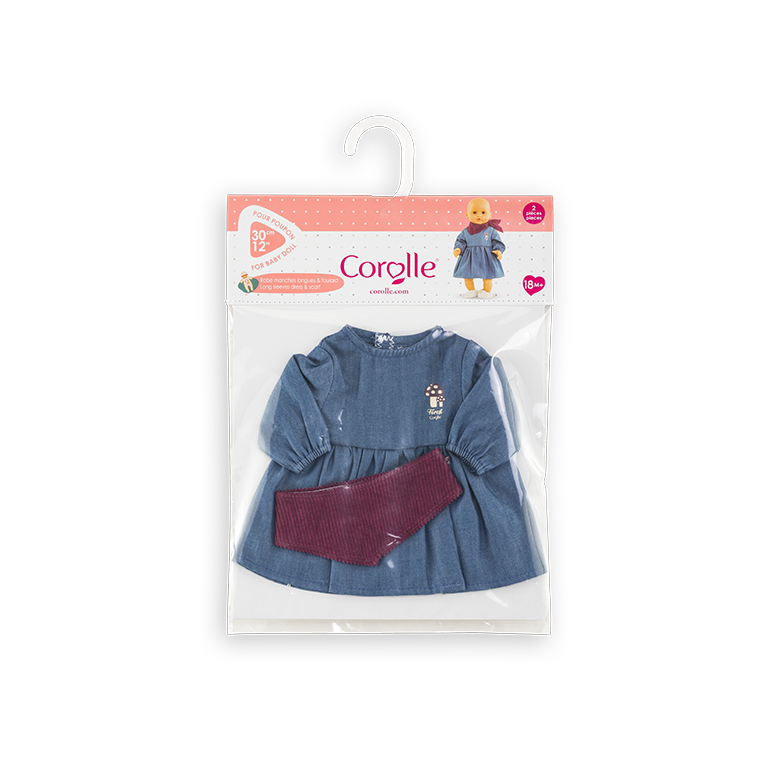Robe en Jean Manches Longues & Foulard pour poupon 30 cm
