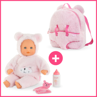 Bébé Calin Ourson d'Amour et Sac à Dos Porte-Poupon Peluche Rose