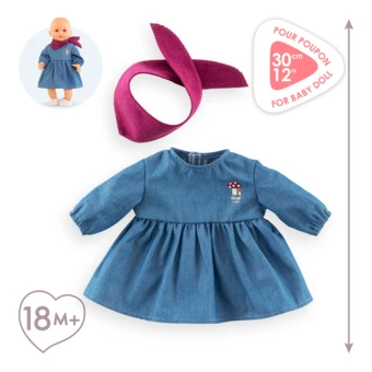 Robe en Jean Manches Longues & Foulard pour poupon 30 cm