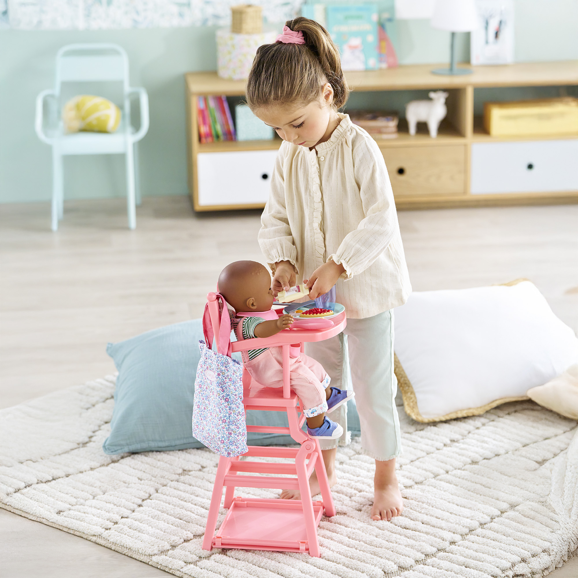 Chaise Haute Rose jouet pour poupon 36 et 42 cm