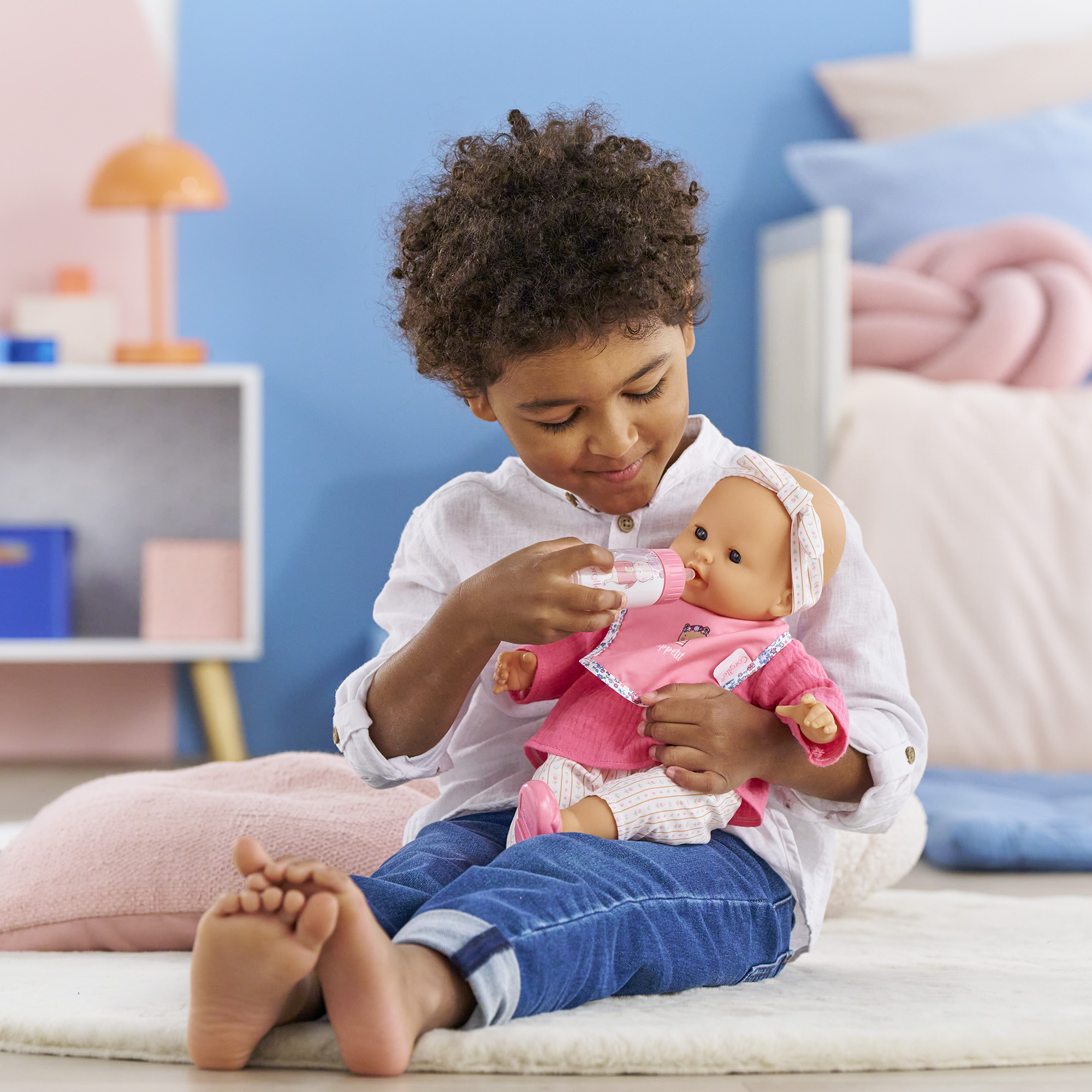 Bavoir Rose et Biberon Magique pour grand poupon 36/42 cm